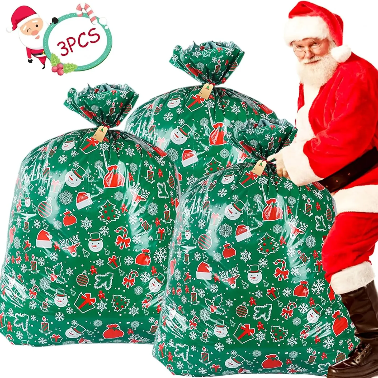 3 Extra Large Christmas Gift Bags - Giant 36x56 inch Durable Plastic Christmas Snowman and Snowflake Party Bags, Heavy-duty Material for Large Gifts, Tree Decorations, Door Decorations - Perfect for Christmas, New Year's, and Birthday Party Wrapping and D