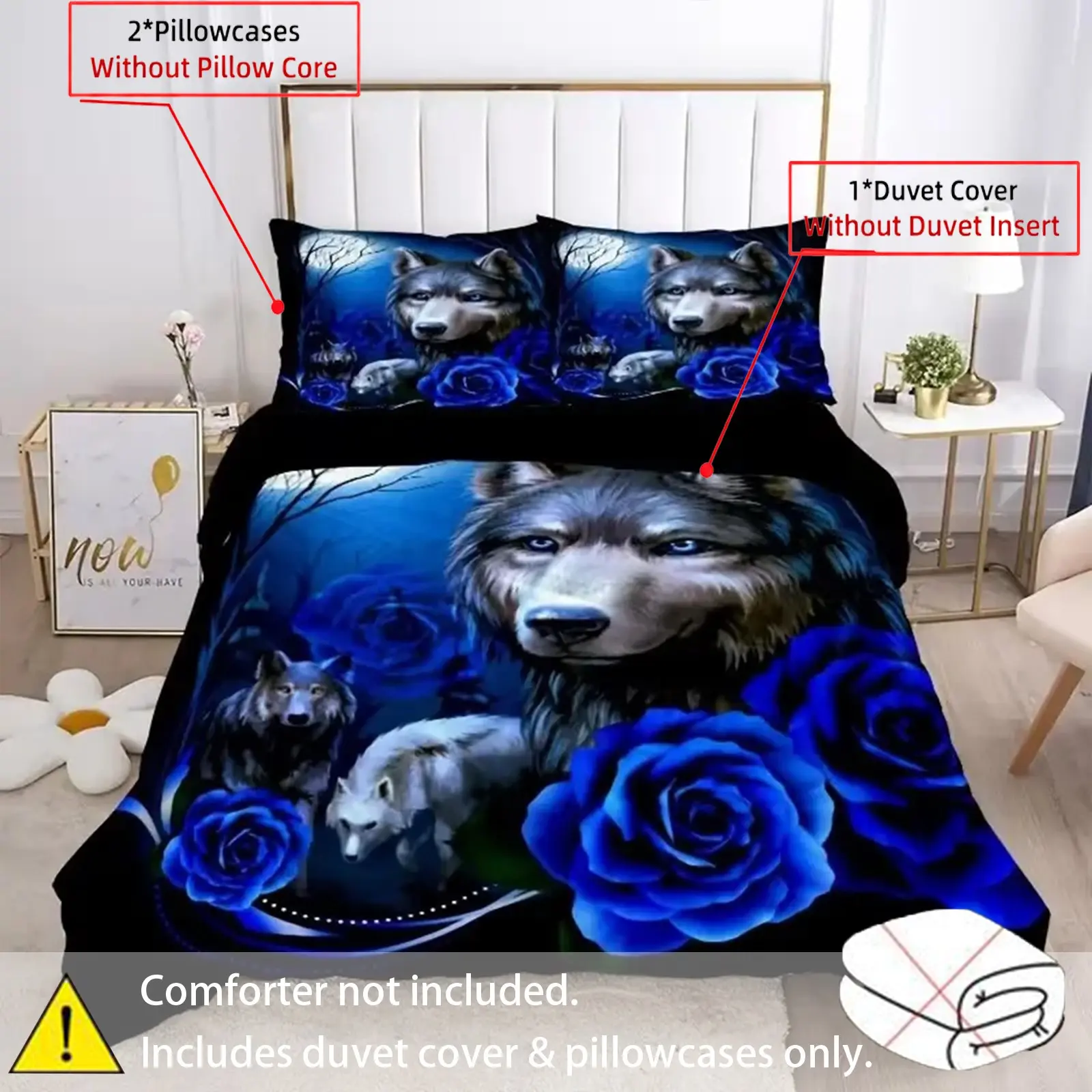3-Piece Wolf and Blue Rose, Duvet Cover and Pillowcases, Polyester Fabric, Duvet Covers Sets
