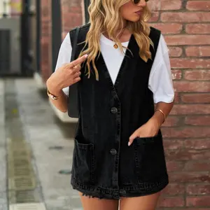 MNLYBABY Women's Denim Vest Mid Long Jean Vest Sleeveless Jackets Distressed Vest Cotton Tops Fit