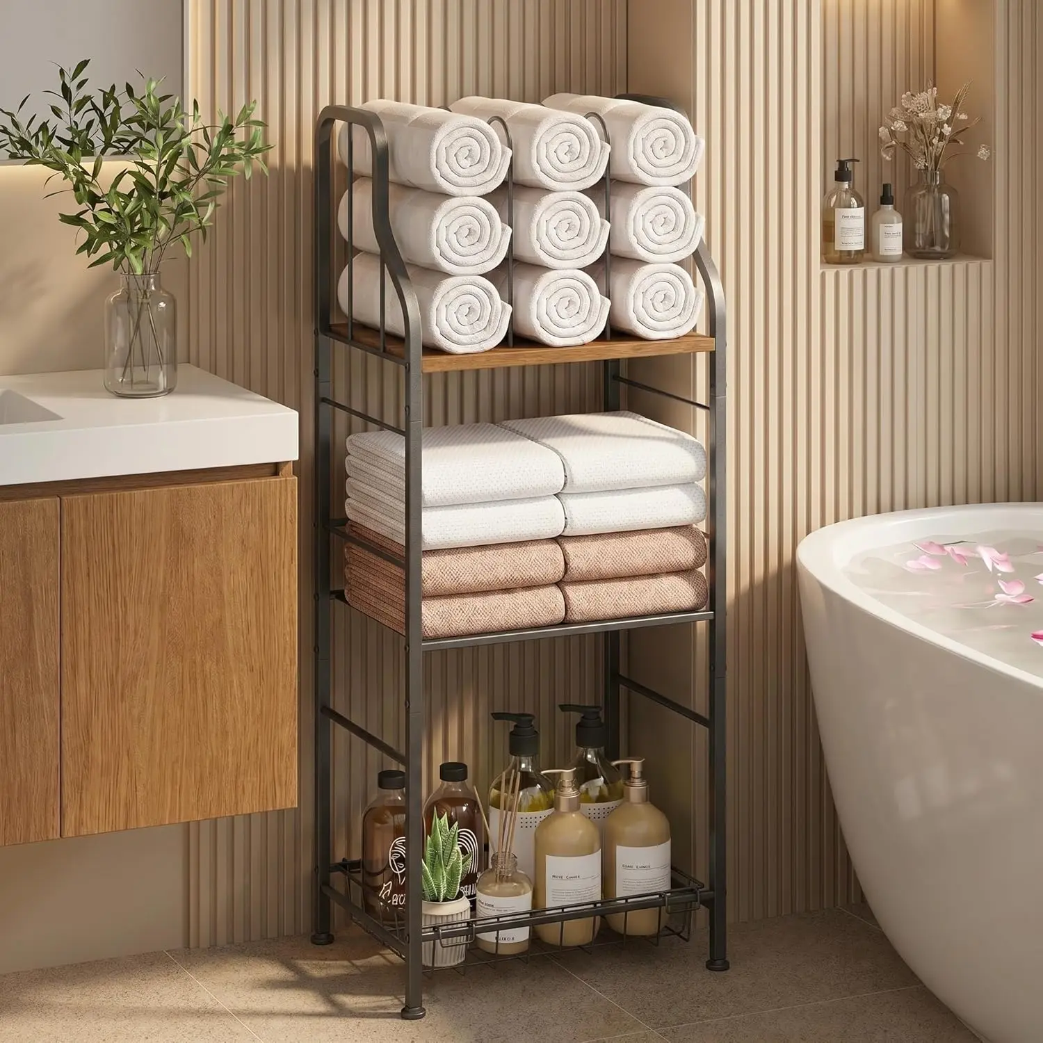 Free Standing Towel Rack - 3 Tier M-Shaped Detachable Dividers Towel Shelf for Bathroom, Durable Metal Pool Towel Holder, Modern Space-Saving Bath Towel Storage Organizer