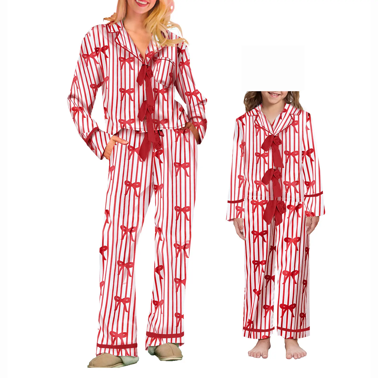 Babamoon Mommy & Me Matching Christmas 2-Piece Sleepwear Sets - Long Sleeve Print Tops, Bow Tie Shirts, Pants, Family Matching Pjs for Baby & Maternity Use