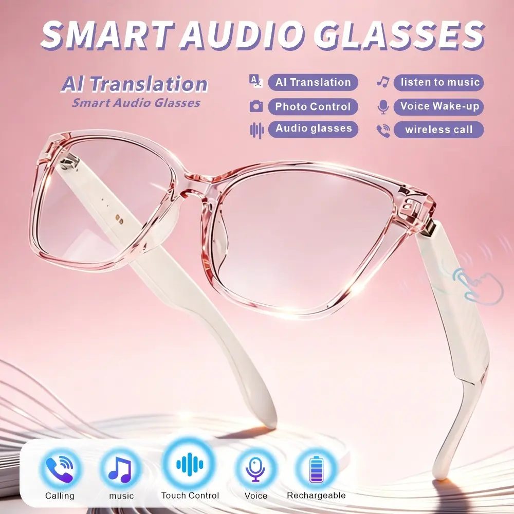 The new intelligent audio glasses, Translation smart glasses, have stereo sound quality, touch adjustment, clear call quality, answer calls and play music, over 100 language translations, dressing items, suitable for office work, daily use, and sports