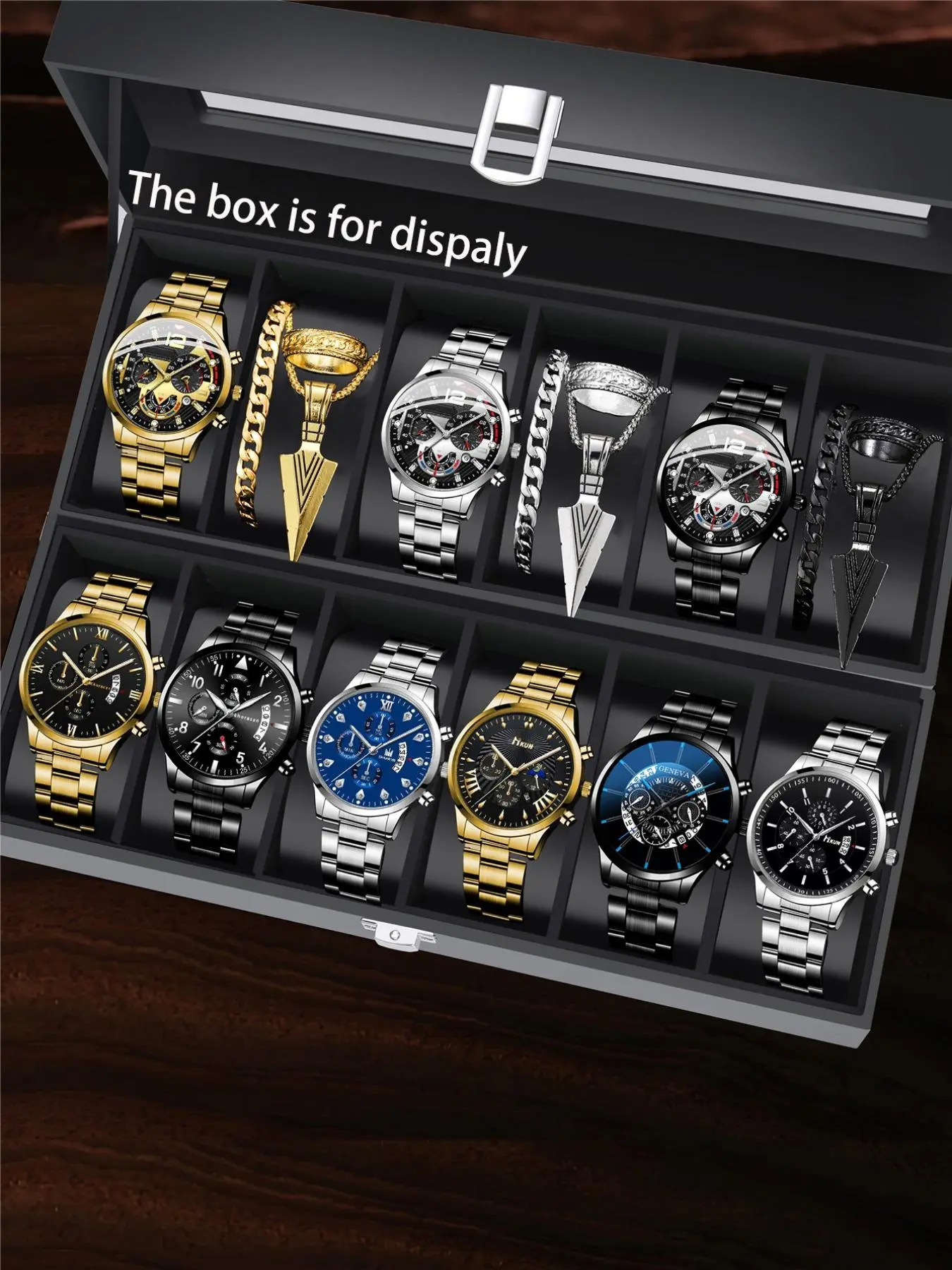 Men's Business Fashion Exquisite Watch Set, Analog Quartz Movement, Including Watch & Necklace & Bracelet & Ring, Perfect Gift for Birthday, Party, Teacher, School, Thanksgiving