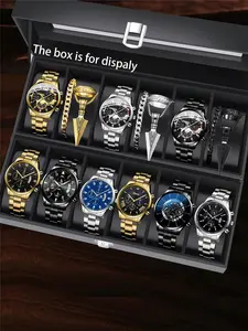 Men's Business Fashion Exquisite Watch Set, Analog Quartz Movement, Including Watch & Necklace & Bracelet & Ring, Perfect Gift for Birthday, Party, Teacher, School, Thanksgiving