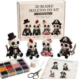 3D Beaded Skeleton DIY Kit, Petite 3D Beaded Skeleton Craft Kit and Instructions, 3D DIY Collection, Cute 4-Pack DIY Skeletons Beading Set，Halloween gifts, Halloween decorations