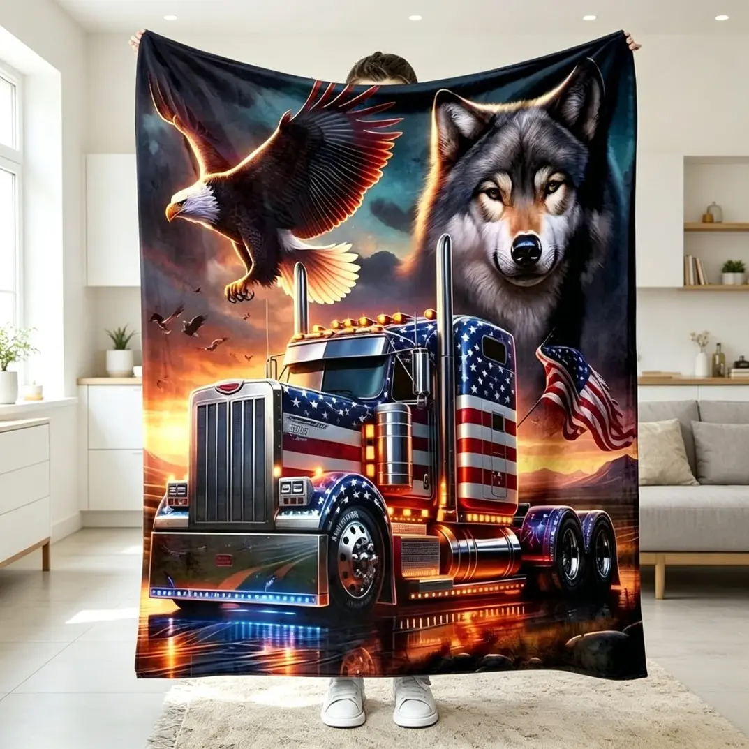 Cozy Eagle & Wolf Truck Flannel Blanket, Soft Warm Reversible Plush Fleece Throw Blanket for Adults & Kids, Machine Washable Blanket for Bed Sofa Couch Camping Travel, Rustic Wildlife Home Decor Birthday Christmas Gift