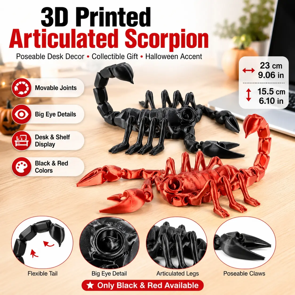 3D Printed Articulated Scorpion Figurine, Realistic Desert Animal Sculpture with Movable Joints and Big Eye Details, Poseable Desk Ornament Collectible Gift for Adults, Halloween Decor, Home Office Shelf Display and Party Decoration