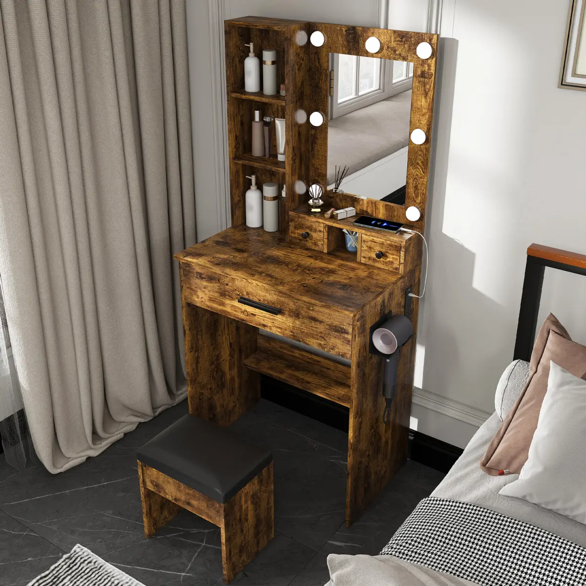 Vintage Makeup Vanity Table with Mirror, Adjustable LED Lights, Power Outlet, Hairdryer Holder & Upholstered Stool - Compact Dressing Desk for Small Bedrooms, Easy Install - RR Campingessentials