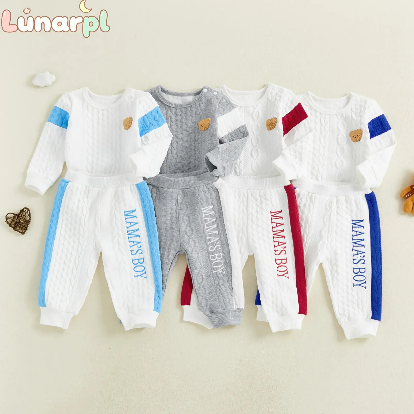 Baby Boys' 2-Piece Casual Fall Winter Clothes Gift Set - Long Sleeve Textured Cotton Blend Romper with Bear Embroidery, Breathable Relaxed Cut Matching Pants with Snap Fasten