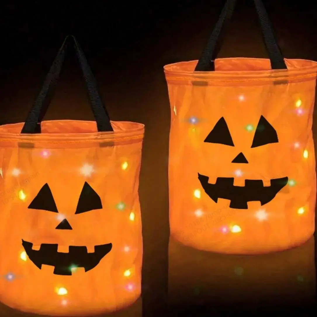 Jack-O'-Lantern Fabric Pumpkin Bucket with Double Handles, Unisex Kids' Halloween Trick-or-Treat Accessory, Pumpkin Face Design, LED Light T1/T5/T2 Compatible, Party Decoration Supplies