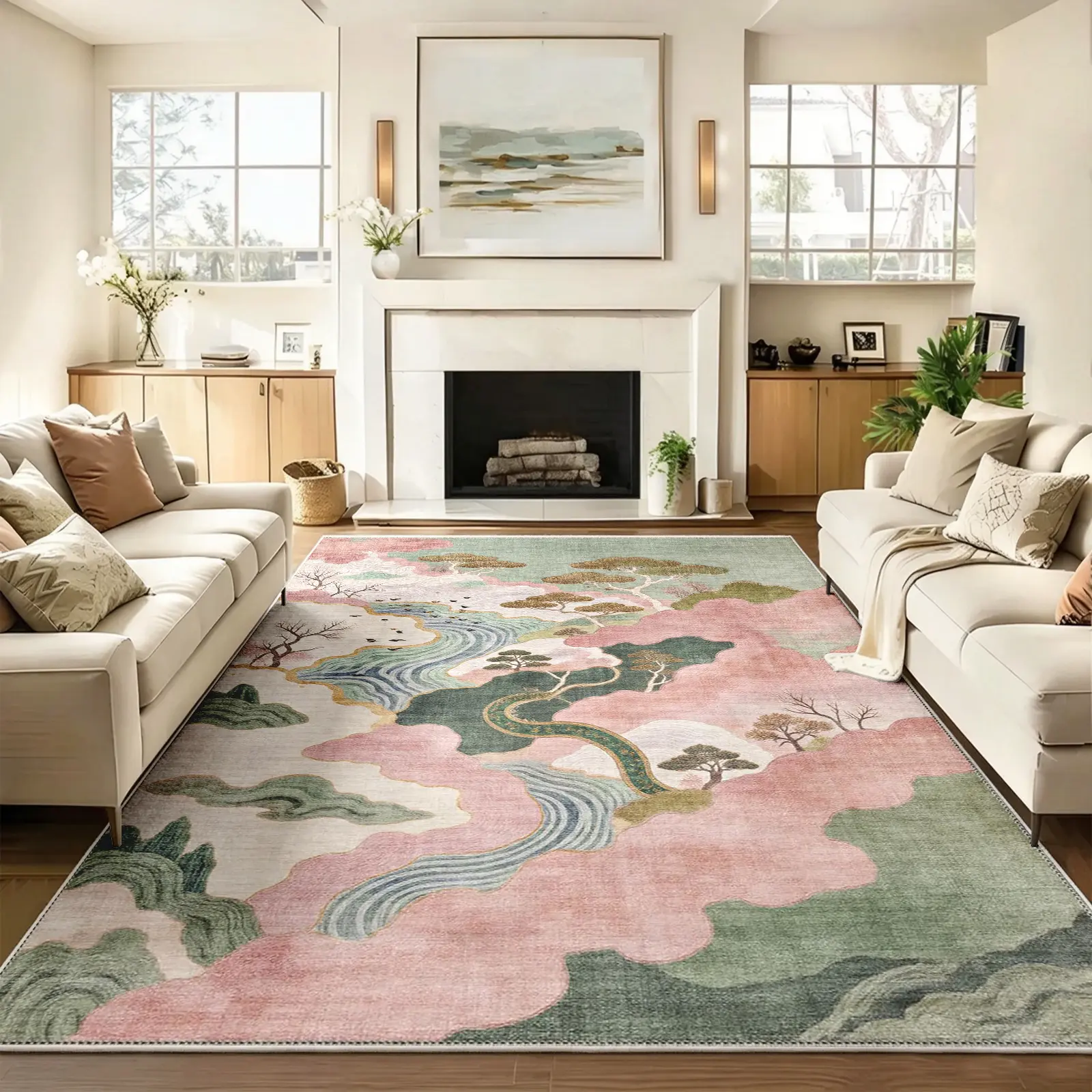 Pink Green Chinese Landscape Area Rug 8x10, Distressed Mountain Non-Slip Living Room Carpet, Washable Vintage Low Pile Floor Mat for Bedroom Tea Room, Stain-Resistant Pet-Friendly Zen Oriental Wabi Sabi Decor (Various Sizes) ﻿
