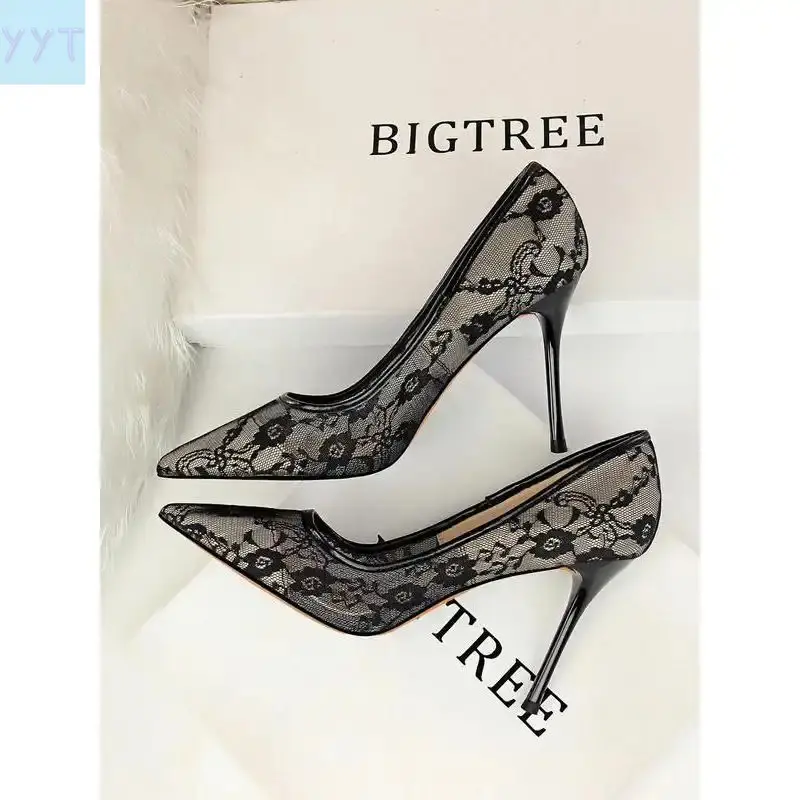 YYT1 Women's Mesh Hollow Contrast Lace Pointed Toe Stiletto Heels,  Heels Women, Elegant Heel Shoes Party, Daily Clothing Decor Girl, Perfect Outfit Matching