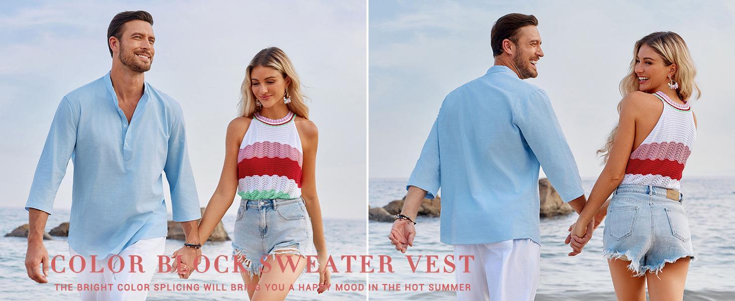 Imily Bela Women’s Halter Neck Sweater Vest Color Block Sleeveless Loose Knit Tank Top Summer Cute Casual dressy tops Cami Comfort tank tops