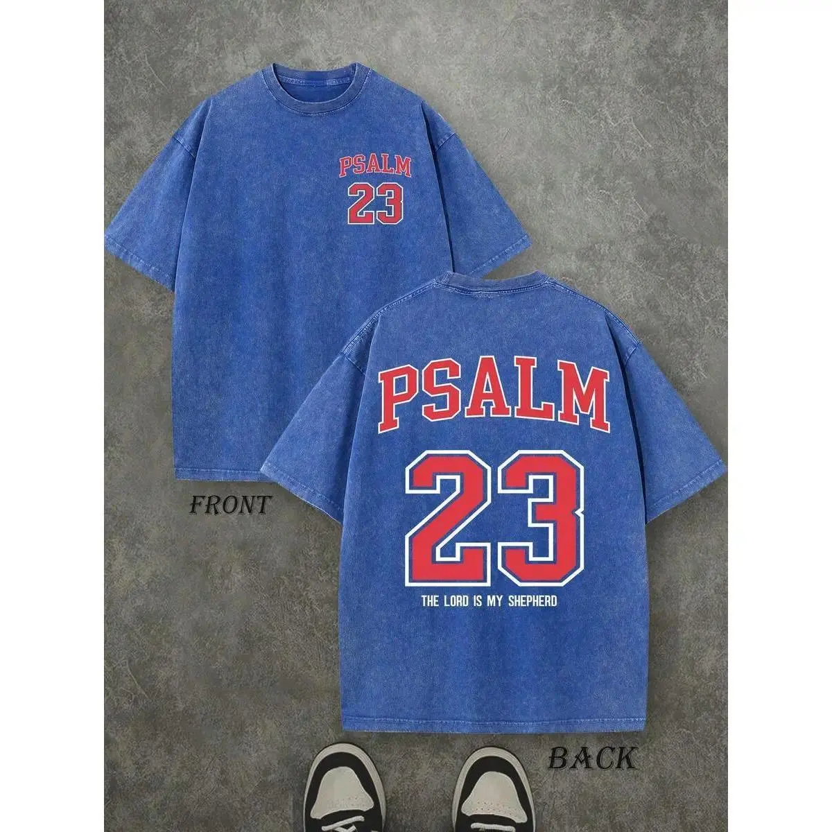 Vintage Washed Oversized Christian T-Shirt - Psalm 23 Bible Verse Graphic, Lord Is My Shepherd Varsity Print, Cute Everyday Casual Twist Faith Streetwear Sports Top Clothes