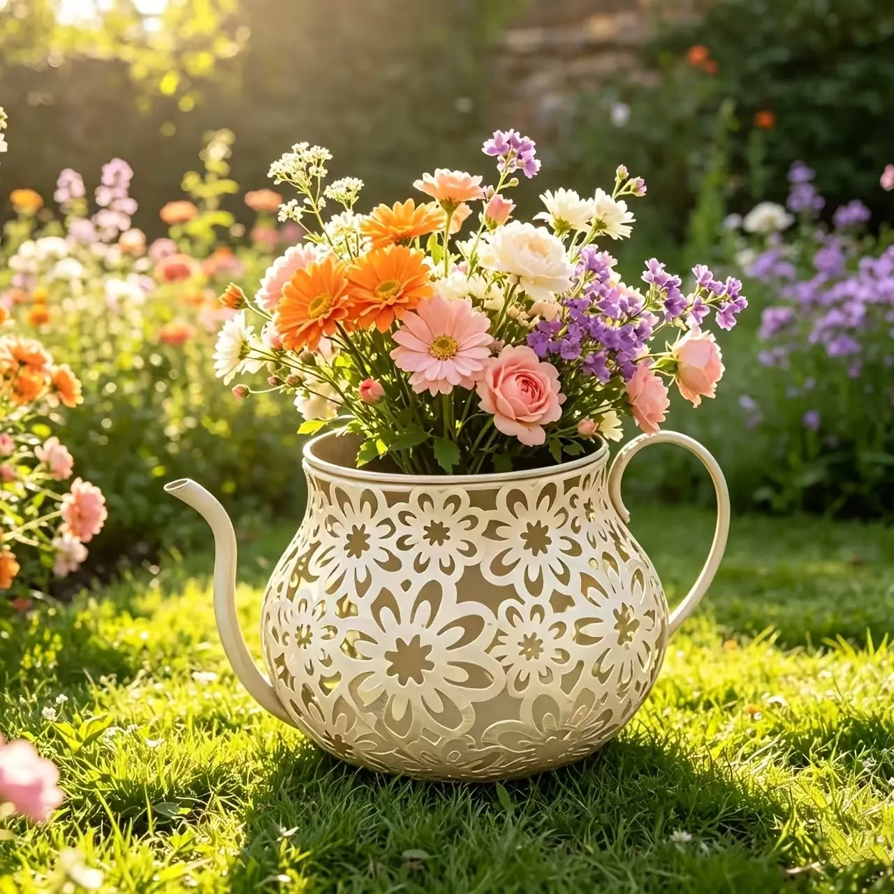 Vintage Teapot Flower Planter, Hollow Floral Cutout Metal Kettle Shaped Vase, Farmhouse Garden Decor, Multi Colors, Outdoor Ornament