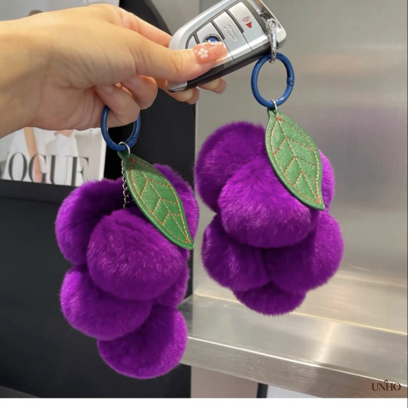 Women's Grape Shape Cute Purple Imitation Rex Rabbit Fur Bag Charm - Fluffy Plush Pendant, DIY Luggage & Bag Accessory, Keychain for Daily Wear
