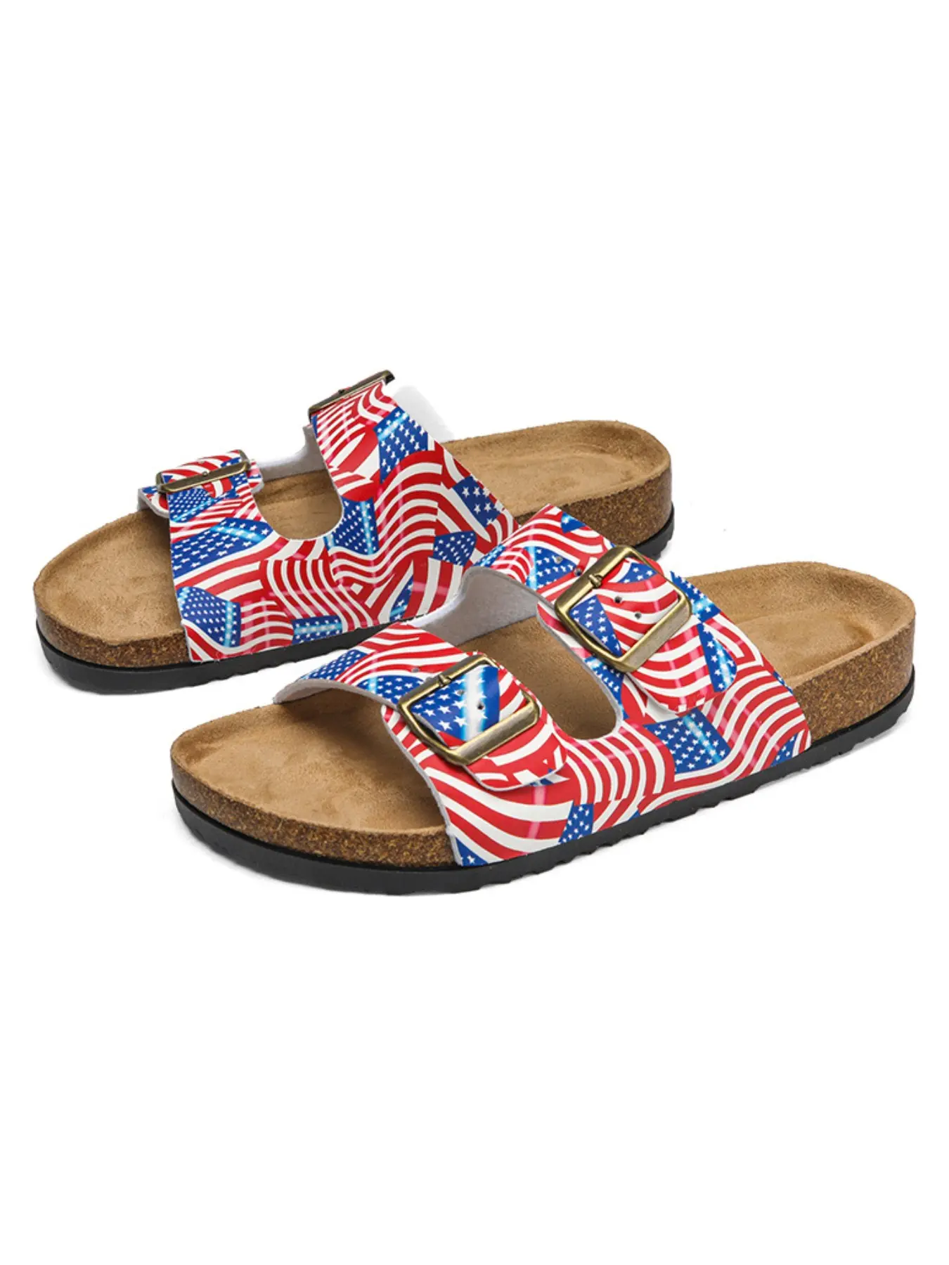 American Flag Pattern Slippers, Adjustable Brass Buckles, Soft Cork Insole, Non-Slip Eva Sole, Comfortable Outdoor Footwear, Summer Sandals