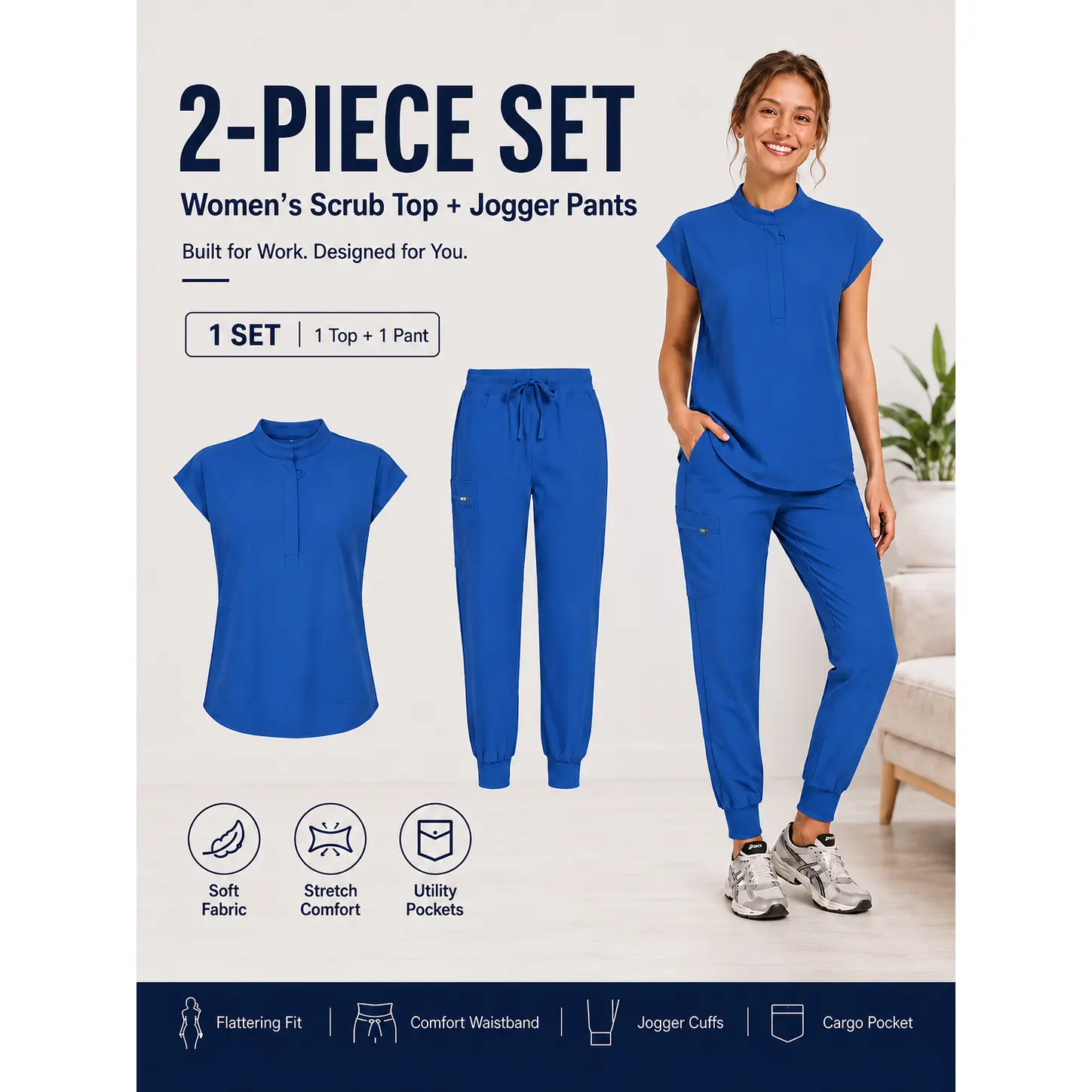 Women's 2-Piece Baggy Jogger Scrub Set - Aesthetic Solid Royal Blue Minimalist Workwear, Adjustable Ribbed Fit Medical Uniform with Cap Sleeves & Pockets, Simple, Loose, Scrubs, Mandarin, All Season, Jogger Cuffs, High Stretch, Clothes, Style, Oversized,,