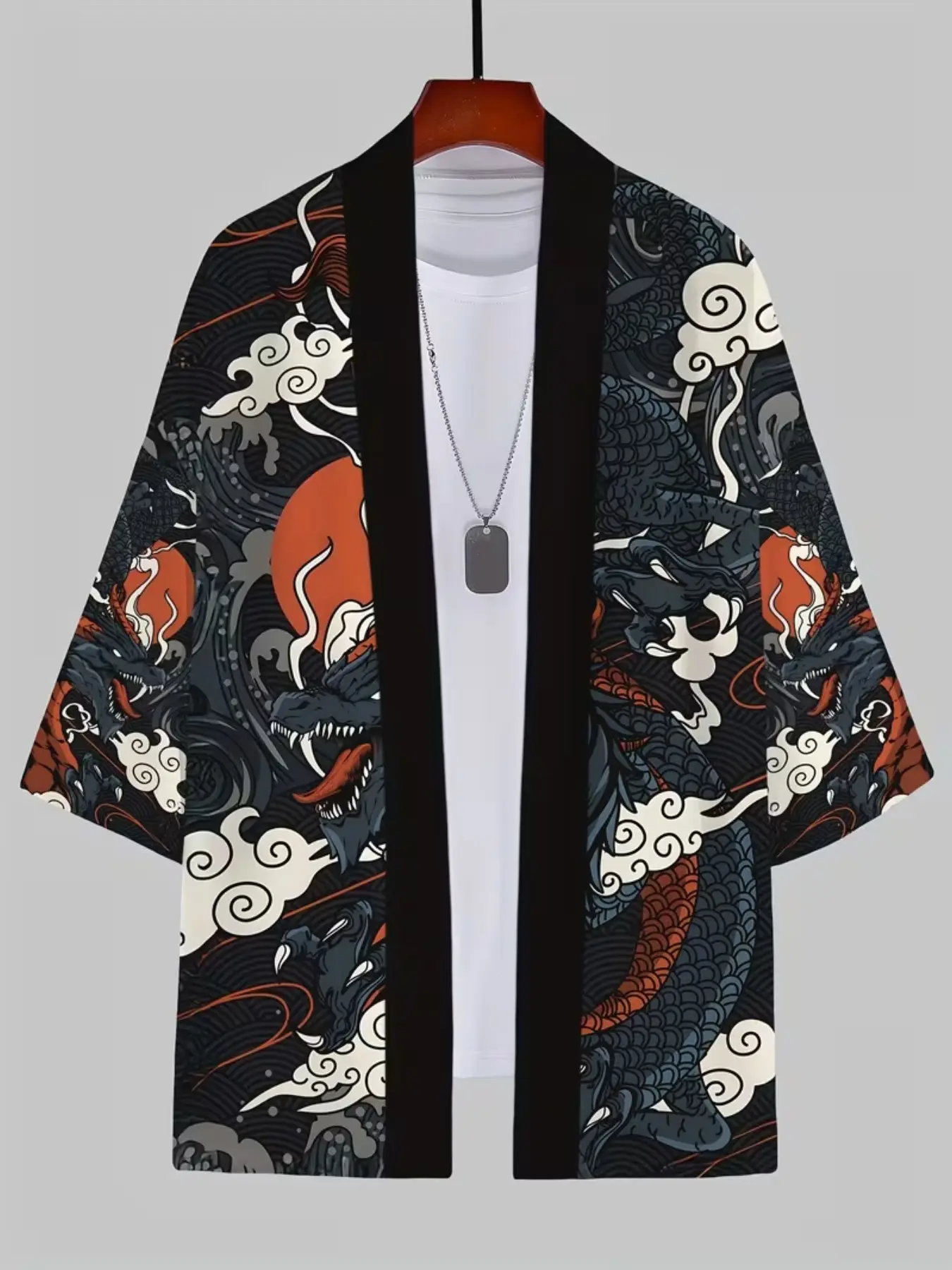 Ukiyo-E Dragon Cloud Sun Print Men's Kimono Open Front Cardigan, Loose Fit Three-Quarter Sleeve New Traditional Robe, Trendy Vacation UV Protection Outerwear
