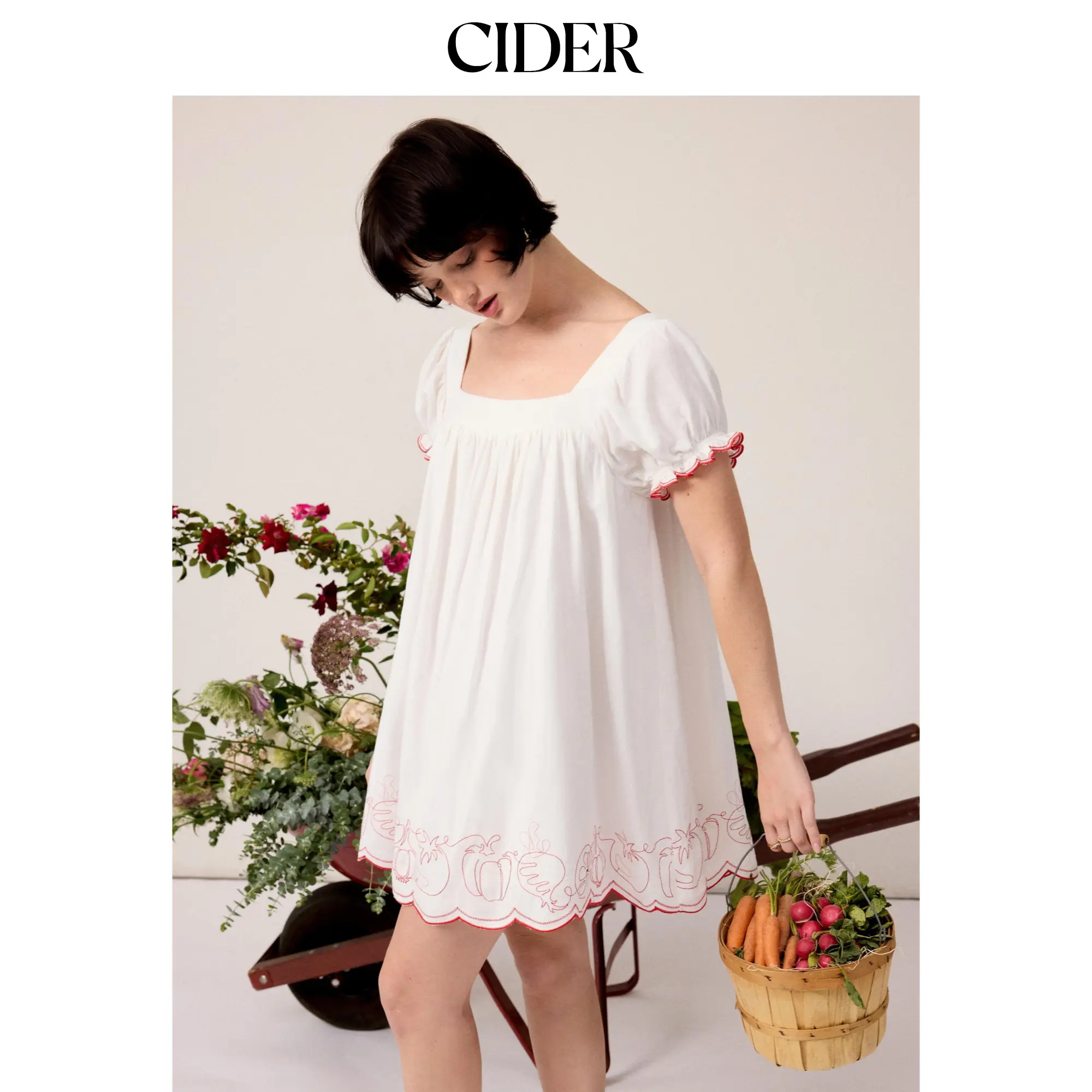 Cider Fruit Embroidery Square Neck Puff Sleeve Babydoll Smock Mini Dress