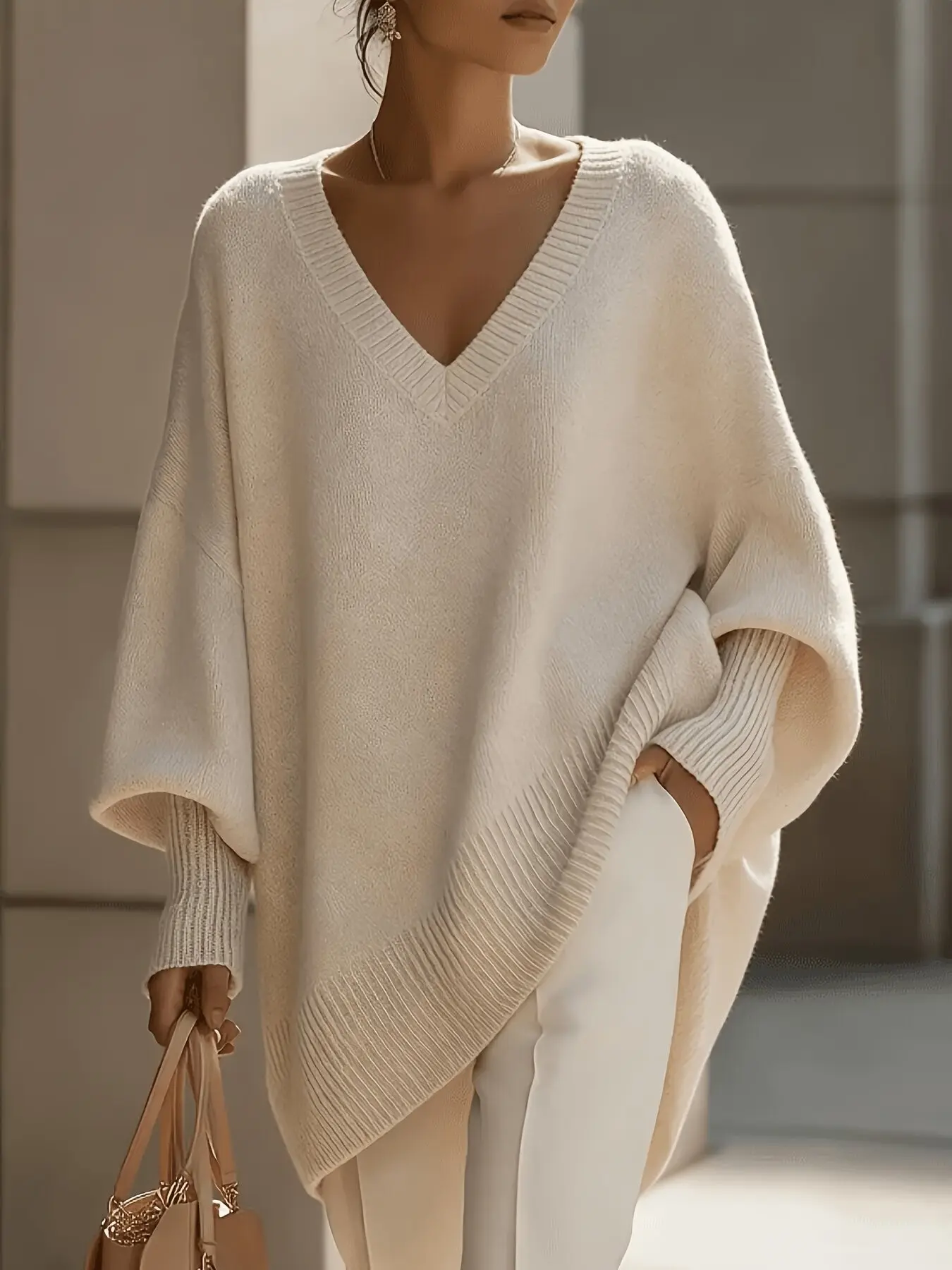 Plus Size Knit Sweater, Loose Fit V Neck Batwing Long Sleeve, Casual Pullover Top, Comfortable and Stylish, Perfect for Daily Wear