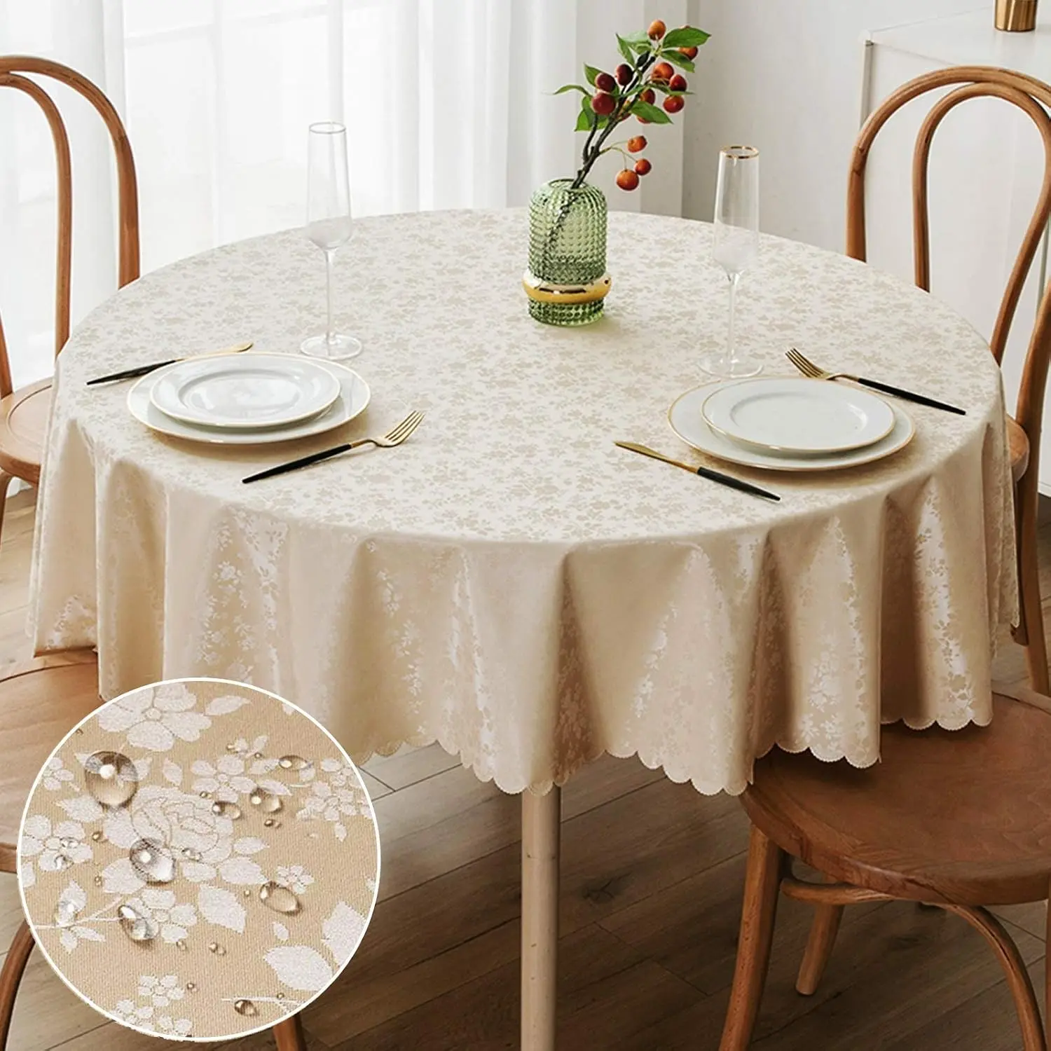 Round Table Cloth, Waterproof Heavy Duty Vinyl Tablecloths, Wipeable Washable Table Cover for Kitchen and Dining Room (Beige, 60" x 60")