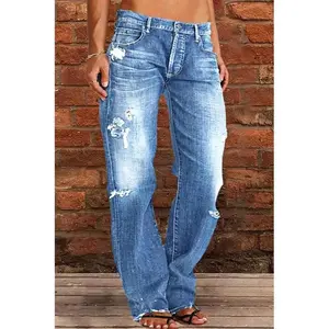 Women's Ripped Jeans Mid Rise Straight Leg Denim Jean Plus Size Boyfriend Jeans Baggy Flare Pants 90s Hippie ClothesNO.678（gift）(Sheets)