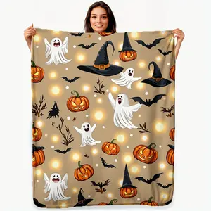 Ghost Pumpkin Witch Hat Bat Warm Beige Glowing Lights All Over Print Flannel Blanket Soft Warm Throw Plush Blanket Cute Spooky Halloween Aesthetic Bedroom Couch Nap Blanket Giftable Kid Friendly Halloween Decor Blanket For Room Party Day Gift