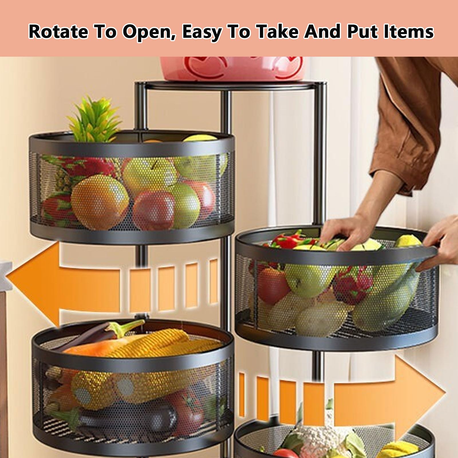 3-layer Round Rotating Storage Rack, Kitchen Storage Rack, Floor Standing Multi-layer Sorting Rack with Wheels, Movable Fruit & Vegetable Snack Rack, Organiser, Adjustable Standing Shelf, Adjustable Metal Rack