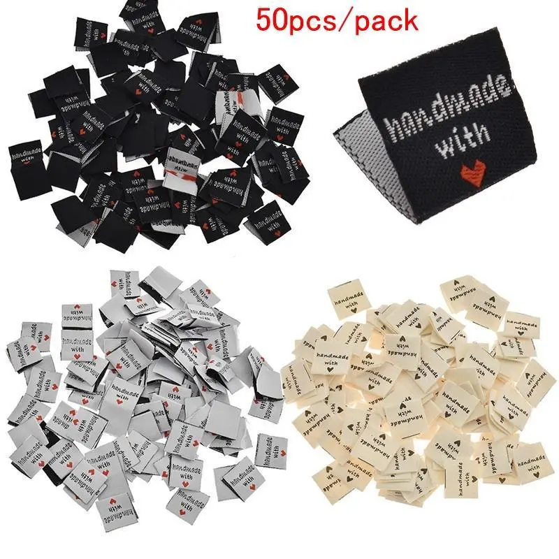 50pcs/100pcs Handmade Craft Woven Embroidered Labels, Handmade Sewing Labels with Love for Clothing Garment and Sewing Decoration