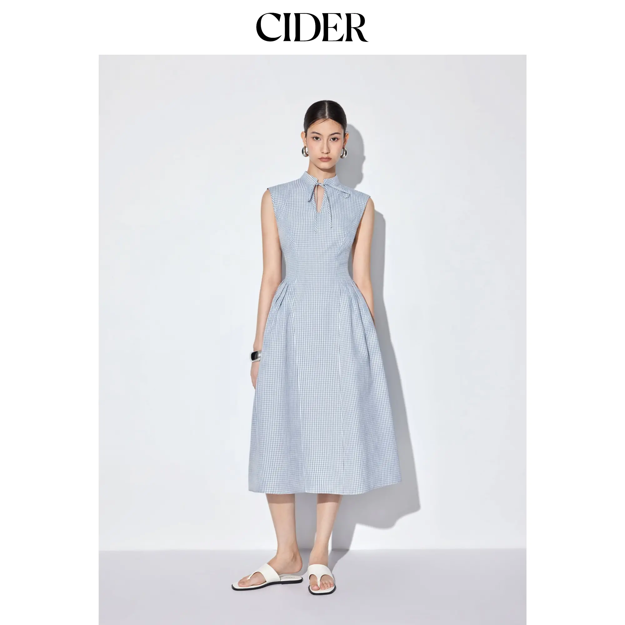 Cider Cotton-blend Gingham Stand Collar Tie Neck Shirt Midi Dress SohoChic
