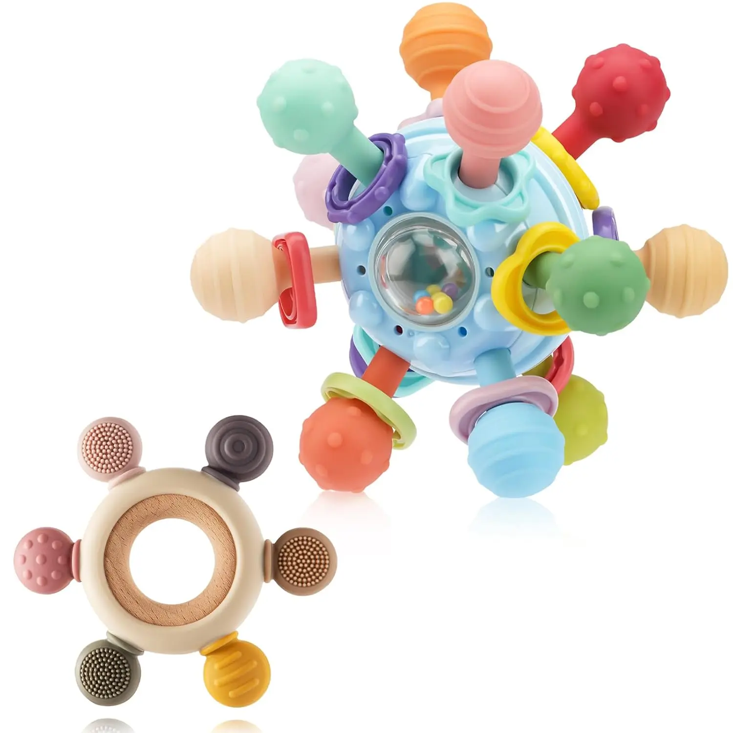 2 Pack Baby Teething Toys for 0-6 6-12 Months, Silicone Soothing Baby Teether Toys & Sensory Toys for Boy Girl, Safe and Durable Teething Toys for Newborn Infant