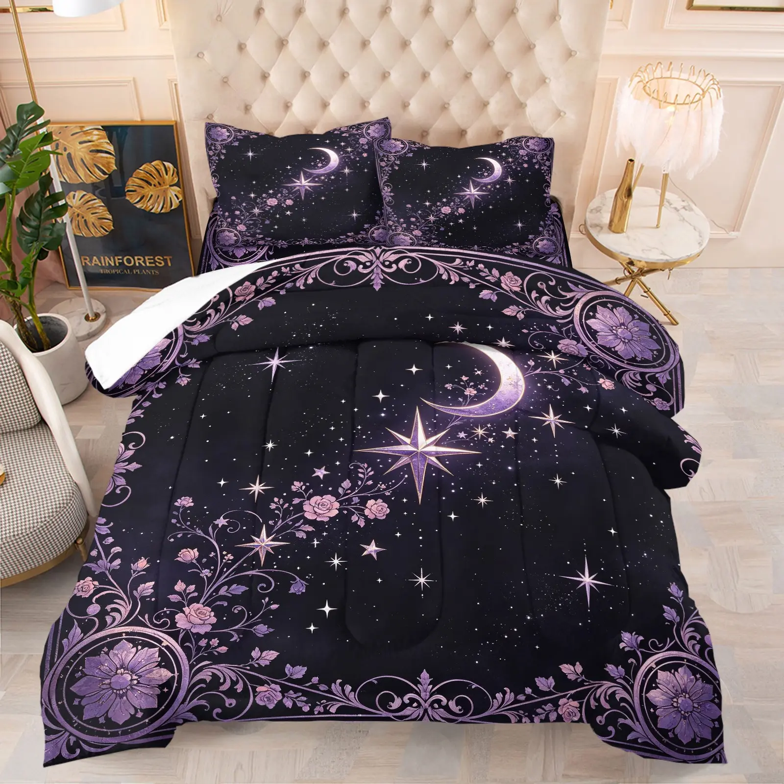 Vintage Purple Flower Crescent Moon Star Gothic Witch Comforter Cozy Bedding Set, 1 Comforter + 1-2 Pillowcases, HD Digital Printed, Soft Comfortable Skin-Friendly Washable Fabric, Dreamy Mystic Starry Theme Bedroom Decor