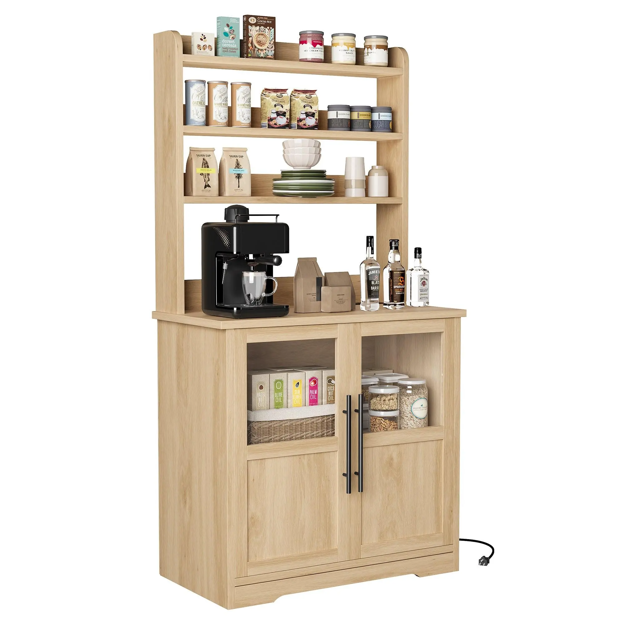 GARVEEFreestanding 6-Tier Wooden Bakers Rack with Thickened Counter, 2 Glass Doors, Power Outlet, and Storage Space - Ideal for Kitchen, Dining Room, and Coffee Bar Organization