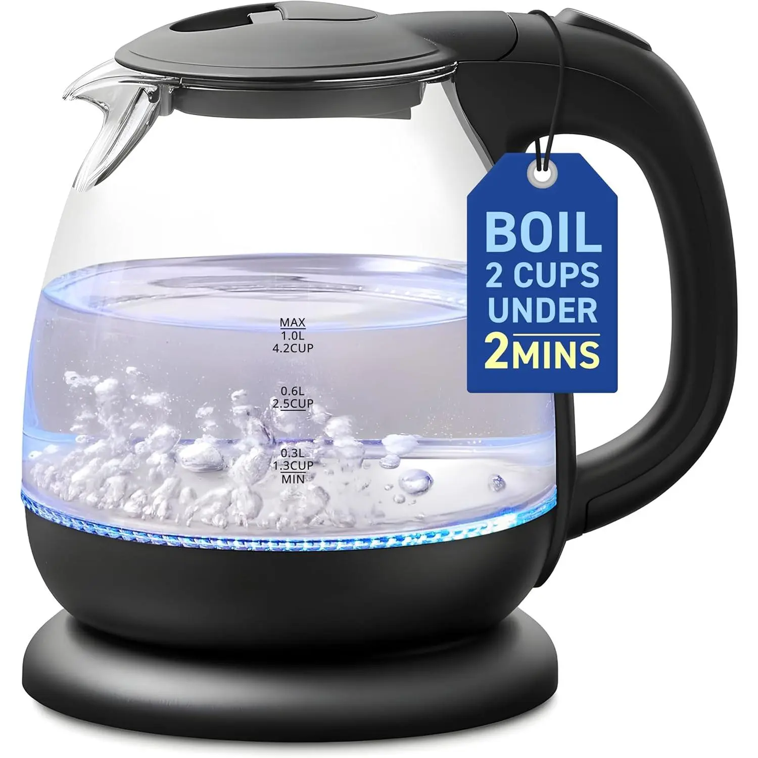 Black Cordless Electric Glass Kettle for Kitchen - 1.0L 1100W Bisphenol A (BPA)-Free, 360 °   Swivel Base, Stylish Blue LED Interior, Auto Shut-Off, Quick Water Boiling for Tea
