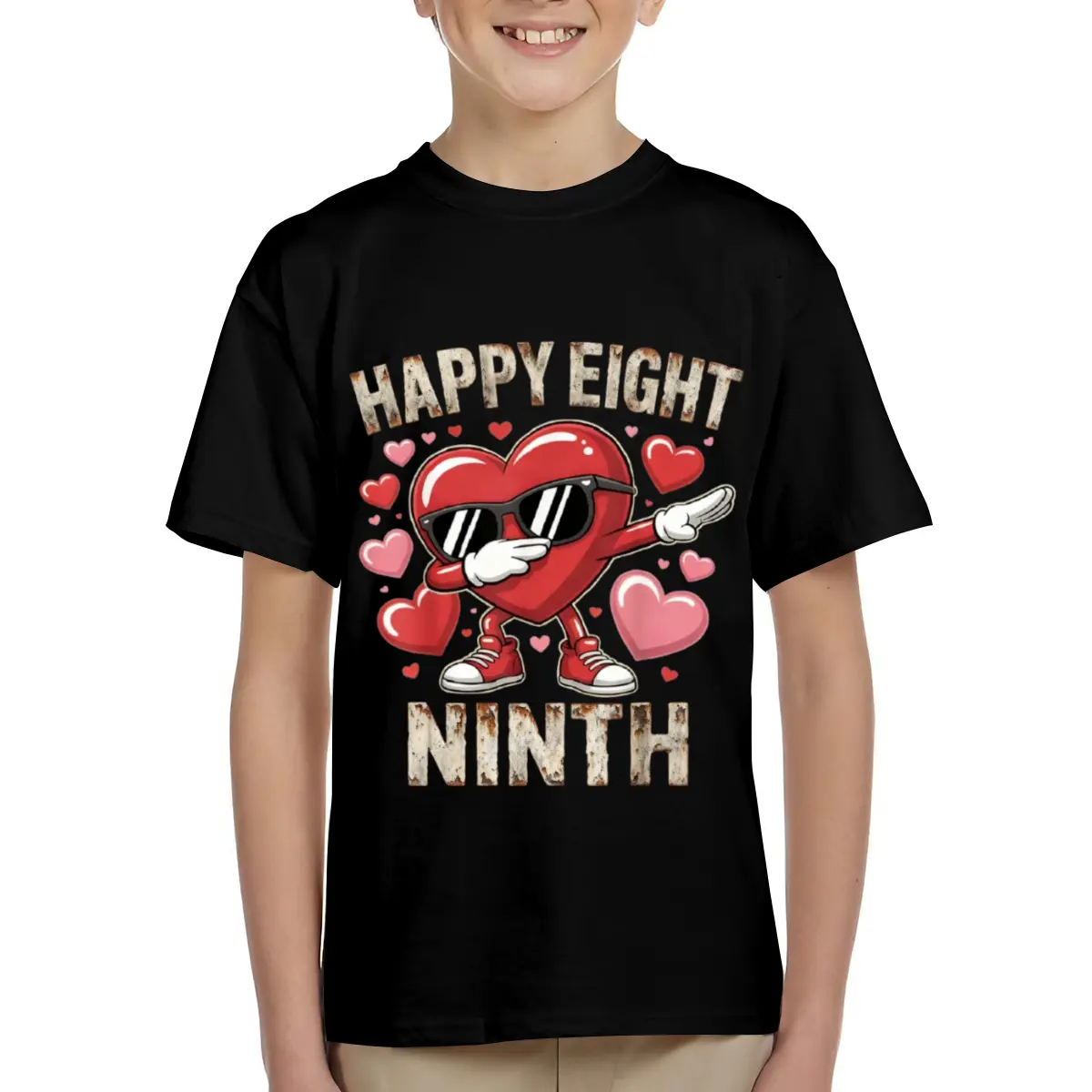 Happy Eighth Ninth Heart Sunglasses Print Kids Short Sleeve T-Shirts Cotton Soft Breathable Crewneck Tees for Boys Girls, Loose Fit Comfortable Basic Tops for 6-15 Years Summer School Casual Wear