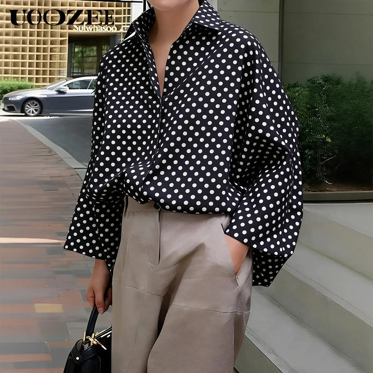 UOOZEE Women's Collared Soft Polka Dot Blouse - 100% Polyester Fabric, Long Sleeve Batwing Top, Lightweight Oversized, High-Low Hem, Loose/Fitted Options, Camisole-Compatible, Comfortable for Casual/Workwear, Size Down for Slim Look, Blazer-Pairing Ready,