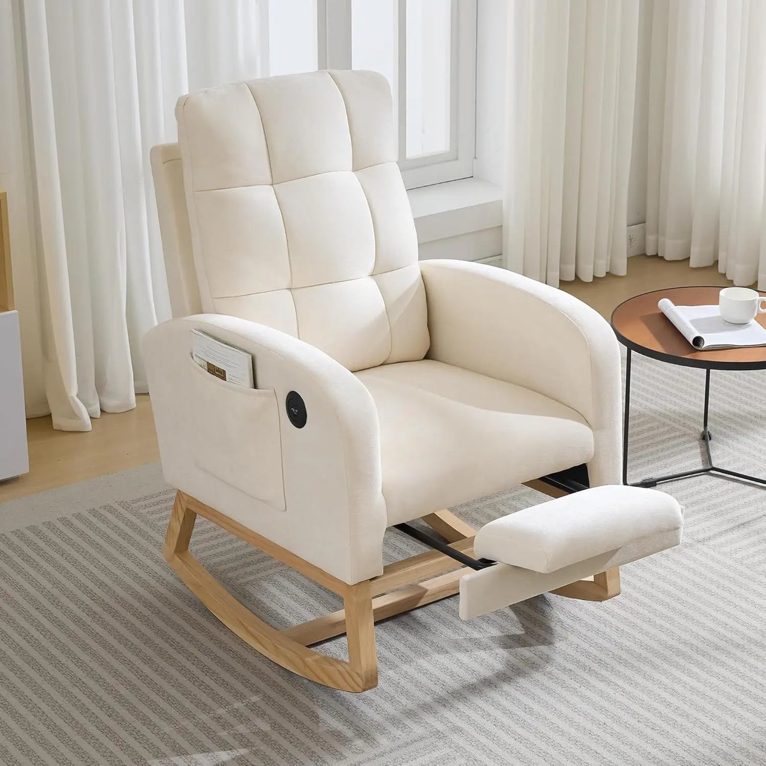 Nursery Rocking Chair, Glider Rocker Chairs for Nursery, Modern Rocking Armchair with Footrest and Side Pocket & USB Port, Linen Fabric Upholstered Glider Chair for Nursing Room, Living Room, Bedroom