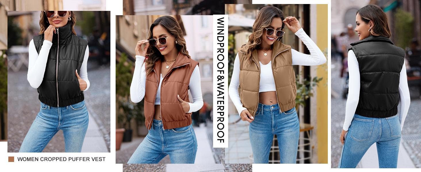 Danedvi Womens Faux Leather Puffer Vest High Stand Collar Zip Up Sleeveless Winter Cropped Jacket Gilet