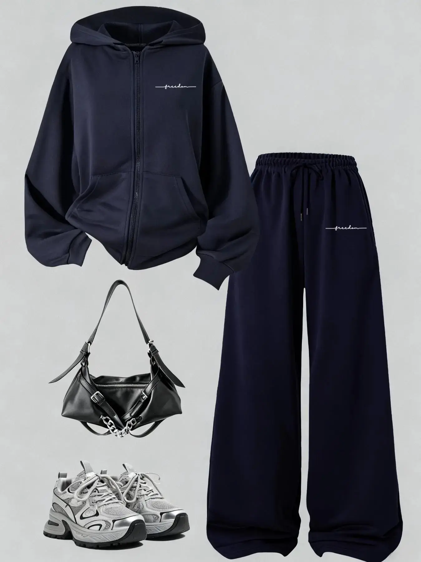 Women's Loose Hooded Zip Pocket Long Sleeve Sweatshirt + Casual Straight Leg Pants Set, Letter Print, Comfortable, All Seasons, Home & Outdoor
