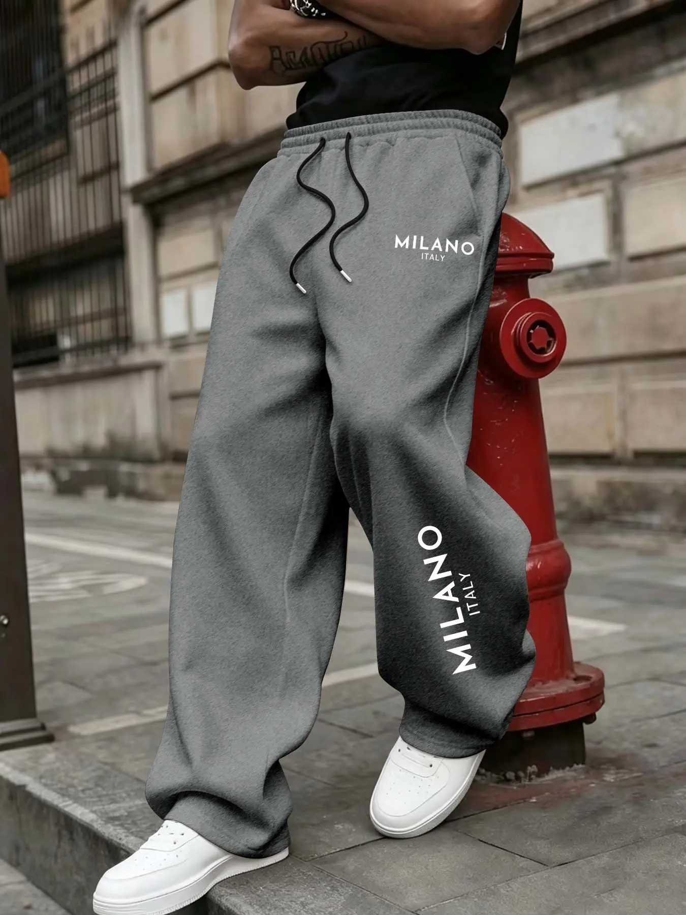 Men's Wide Leg Sweatpants, Milan Theme Print, Loose Drawstring Long Pants, Casual Fall & Winter Streetwear, High-Street Versatile Sports Pants