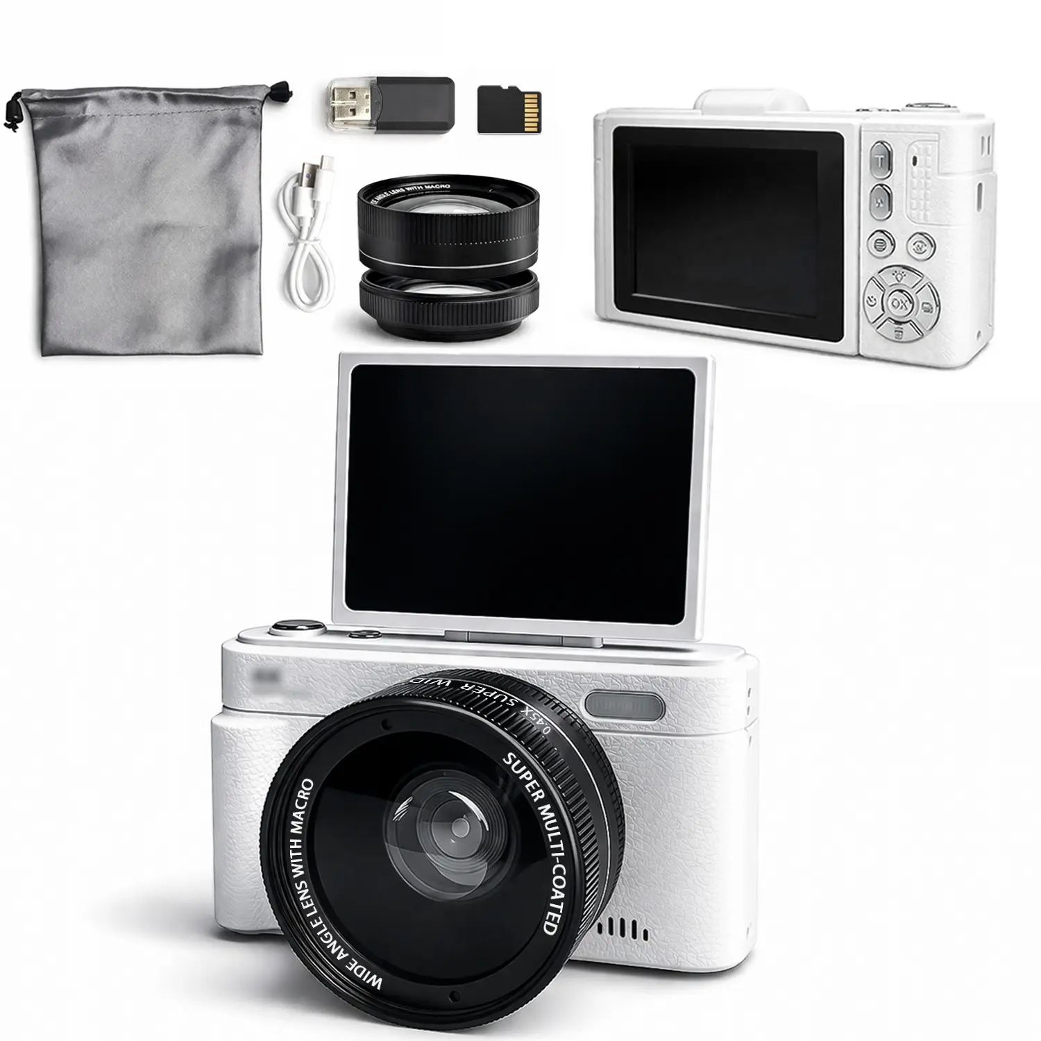 Digital Camera with Focus Function, Detachable Wide Angle Lens, Includes Storage Card, Ideal for Short Videos and Travel Photography