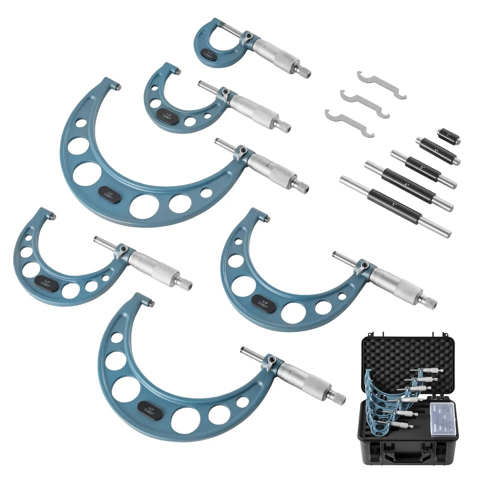 VEVOR 6 PCS Micrometer Set, 0-1"/1-2"/2-3"/3-4"/4-5"/5-6" Machinist Outside Micrometer, Precision 0.0001 Accuracy, Professional Machinist Tools with Protective Case, for Metalworking Engineering