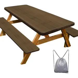 Picnic Table Cover with Bench Covers Camping Essentials Waterproof Windproof Camping Tablecloth with Drawstring Bag, Fitted Rectangle Tables and Seats, 72in, Dark Brown