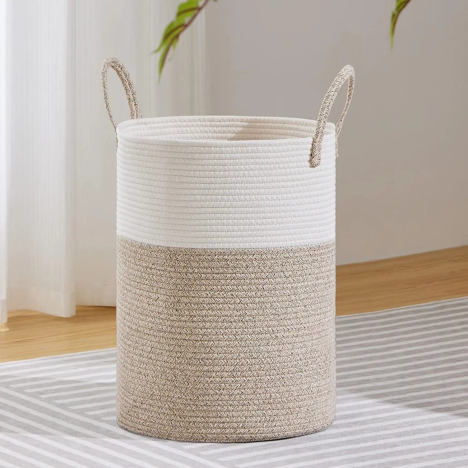 White & Brown Large Woven Rope Laundry Hamper - 58L Woven Bag, Easy-Install Home Storage for Blankets, Toys, Dirty Clothes (Living Room, Bedroom Use)