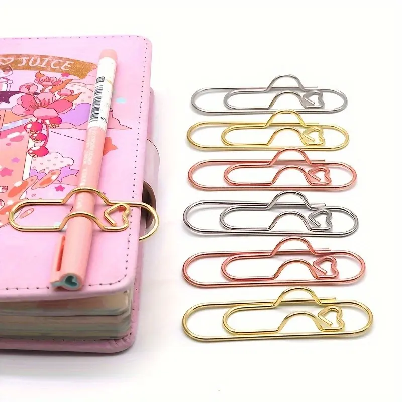 6 Pcs Multicolor Heart Metal Pen Clips, Decorative Clip-On Paperclip with Pen Holder, Diary Accessories, Fixed Pen Clip, Pen Hook, Stationery, Metal Material