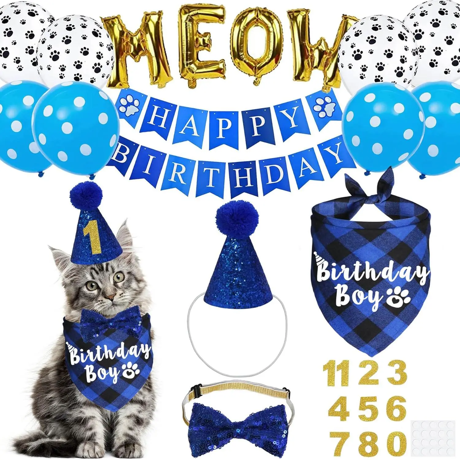 Cat Birthday Party Supplies, Cat Birthday Bandana with Cat Birthday Hat Bow Tie Birthday Number Cat Birthday Banner Balloons Meow Letter Balloons for Cat Kitten Birthday Decorations