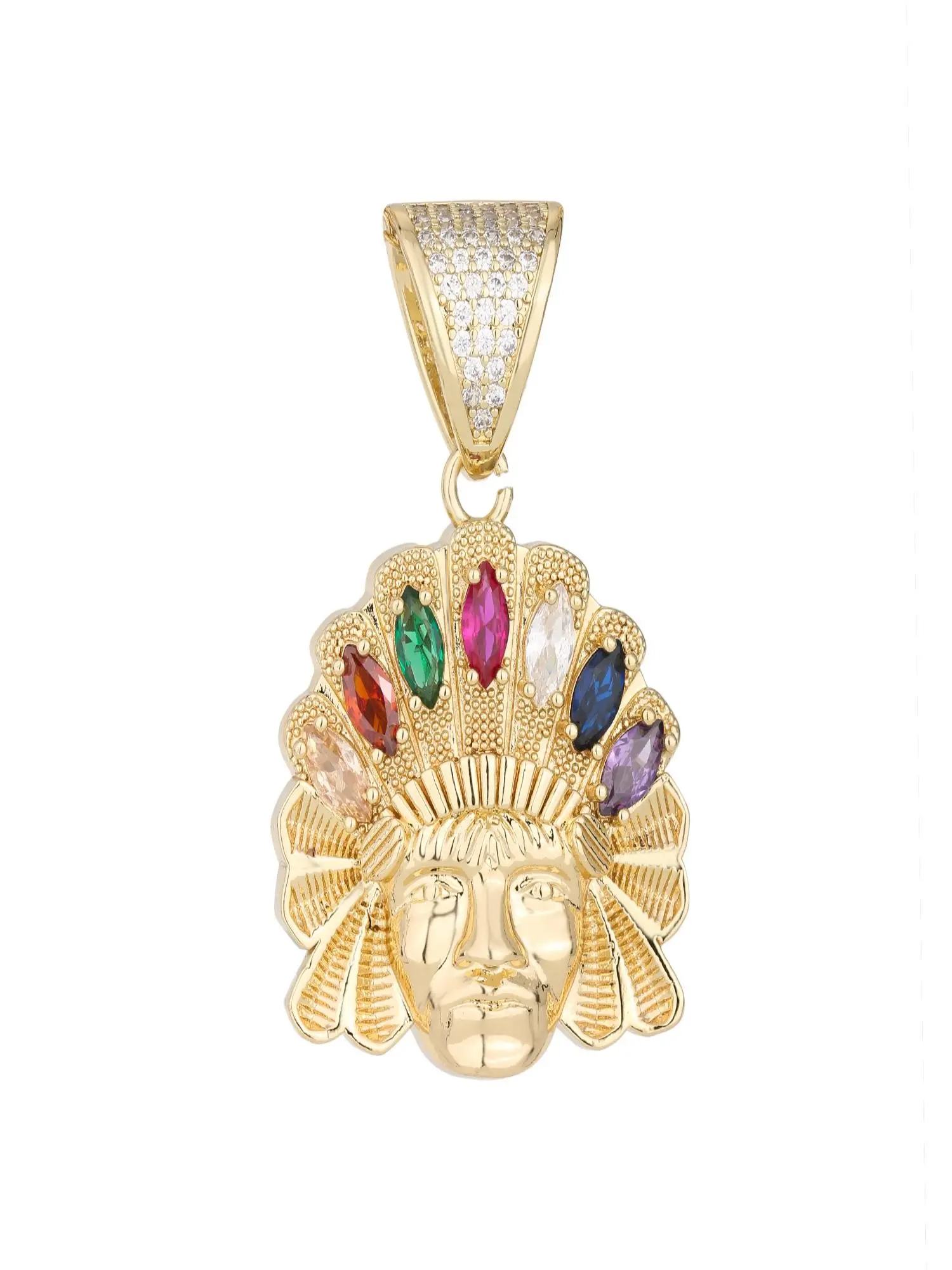 Indian Style Jewelry, Rhinestone Tribal Chief Pendant, Waterproof Brass Plated, Unisex Hip Hop Necklace, Shining Necklace, Party Daily Wear, Costume Jewelry Necklace