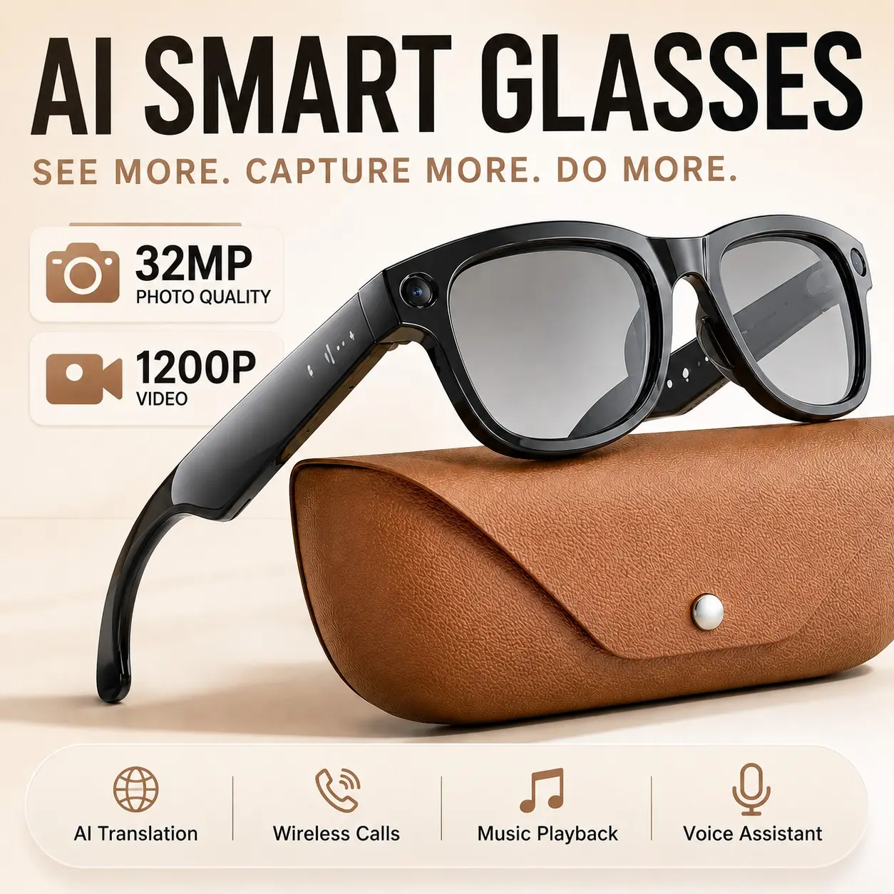 2026 New Travel Essential Smart Sunglasses,  32MP Photo & 1200P Video Recording, Real-Time AI Simultaneous Translator, Wireless Bluetooth 5.3 3D Surround Call Multifunctional Eyewear, 3 Detachable Lenses Included, IP65