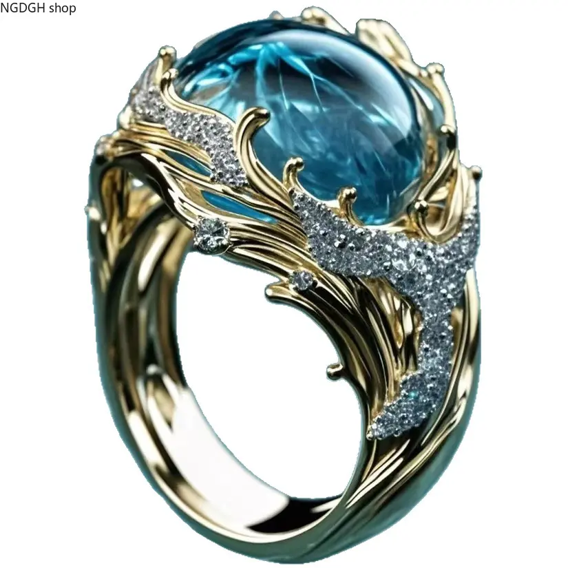 Sterling Silver Ocean Wave Ring, Whimsical Fantasy Mermaid Jewelry for Women with Blue Crystal and CZ Accents, Accessories For Women, Statement Ring, Exquisite Trendy Ring
